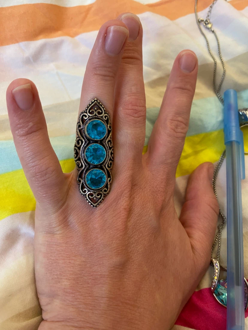 Elongated Ring with 3 Blue Topaz Stones size 6
