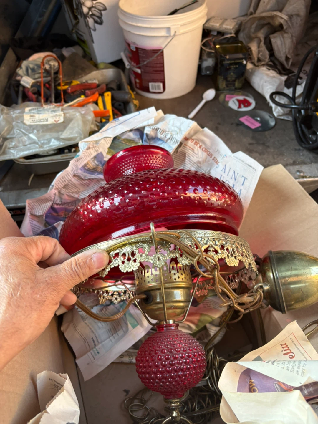 Vintage Red Hobnail Glass Hurricane Lamp