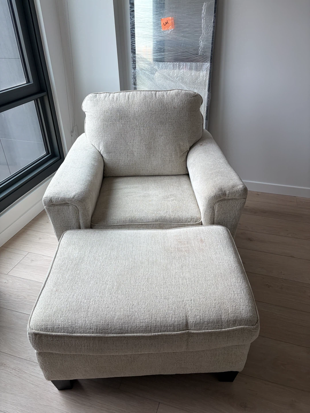 Cream Fabric Armchair with Ottoman
