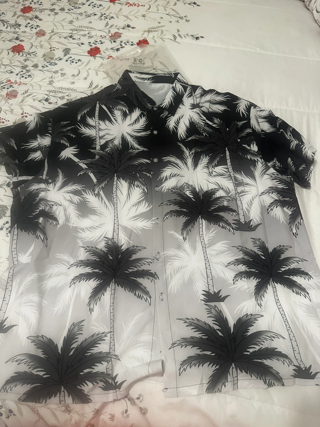Men's Button-Up Hawaiian Shirt - Black/White Palm Trees - 4XL