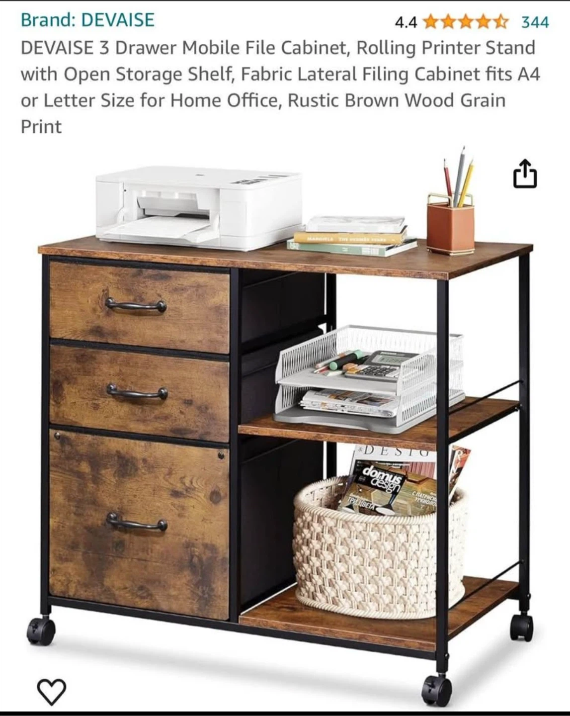 DEVAİSE 3 Drawer Mobile File Cabinet Rolling Printer Stand