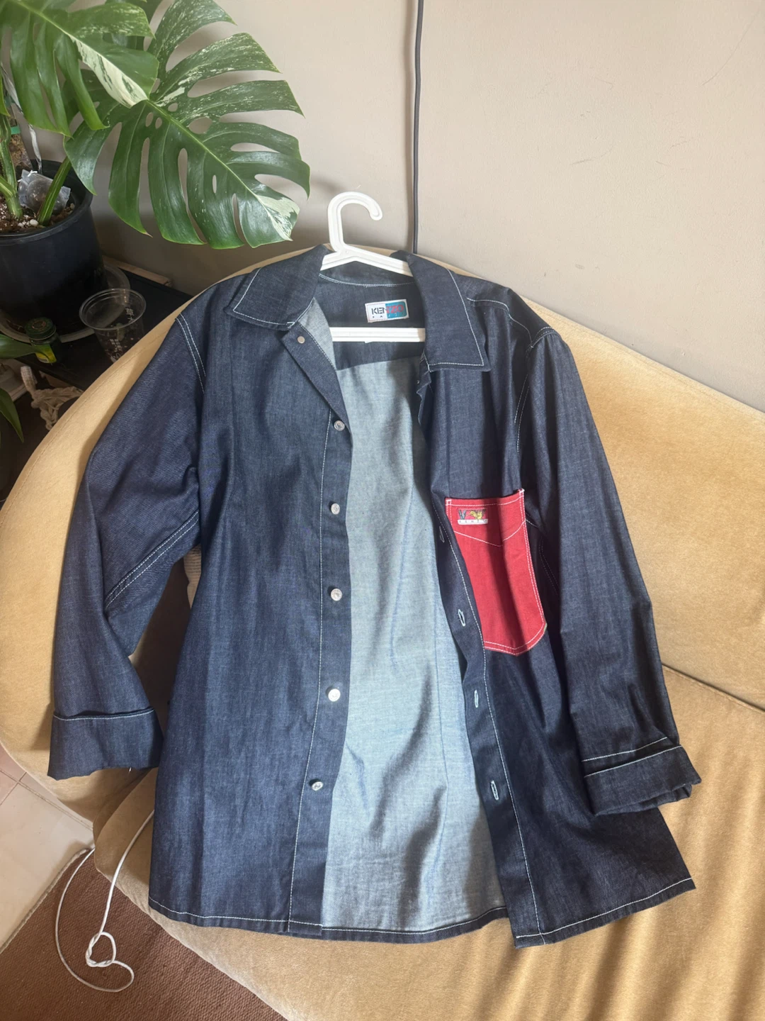 Denim Over-length Kenzo Shirt with Red Pocket