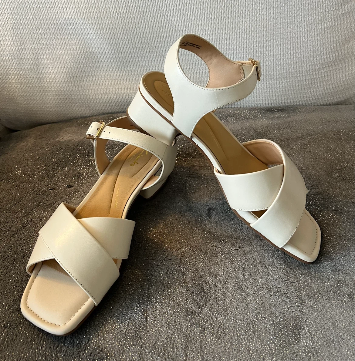 Clarks White Leather Block Heel Sandals