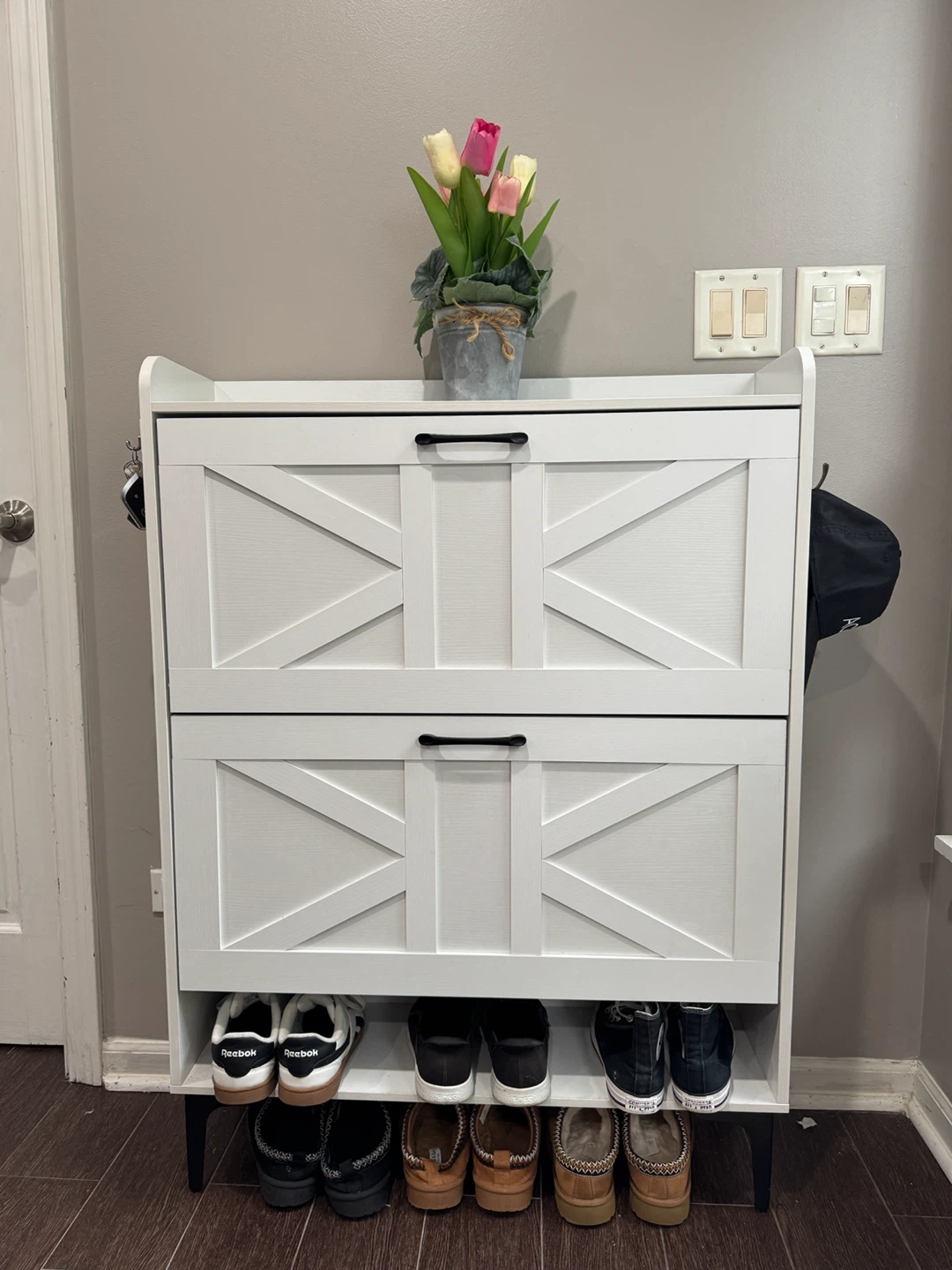 White 2-Tier Shoe Cabinet with Flip Drawers