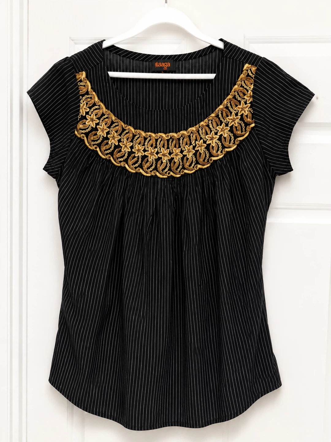 Black Pinstripe Blouse with Gold Embroidery