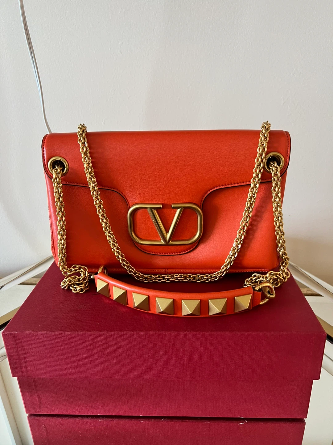 Valentino Garavani Orange Leather Rockstud Shoulder Bag