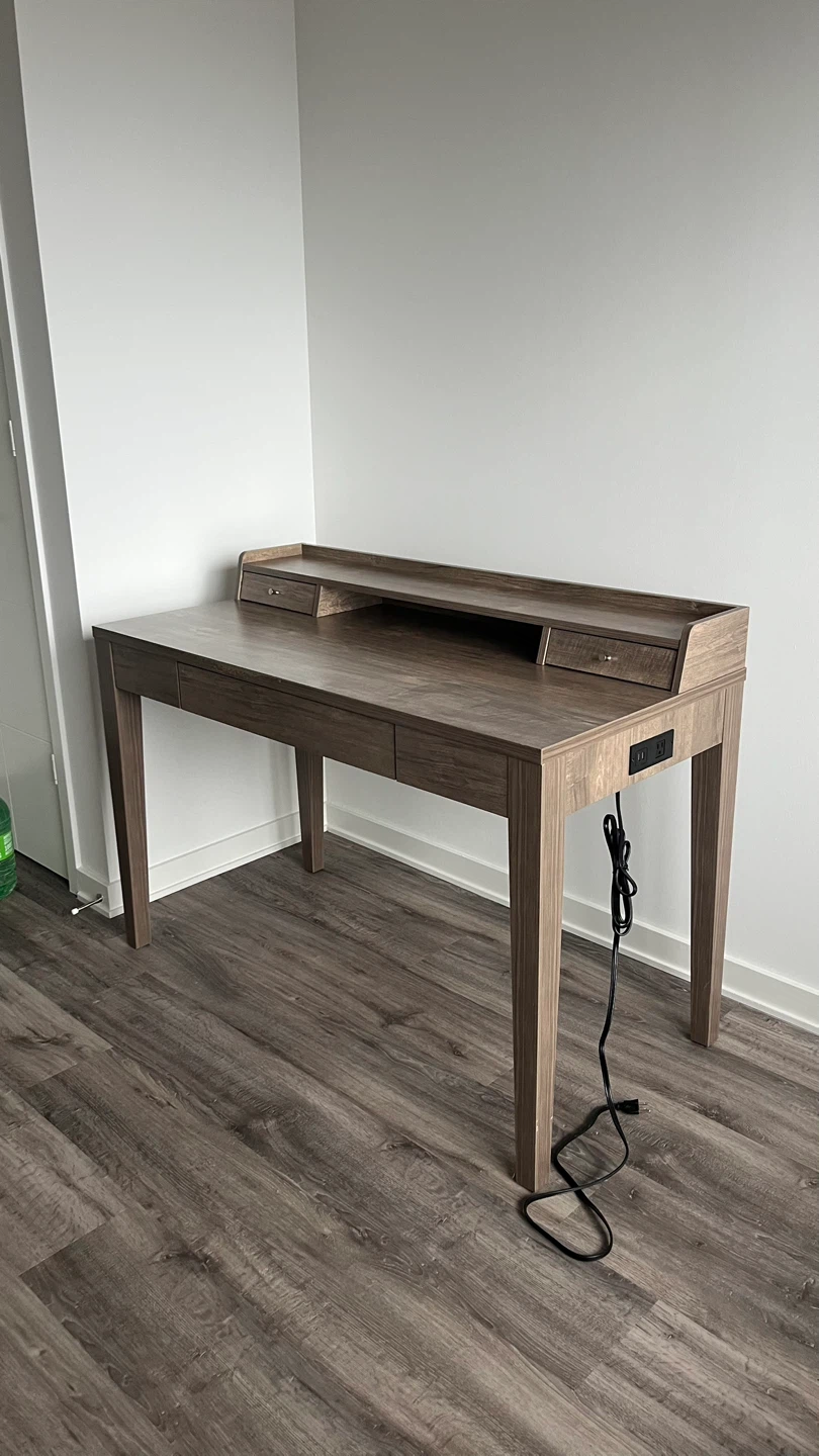 Brown Wooden Desk with Built-in Outlets