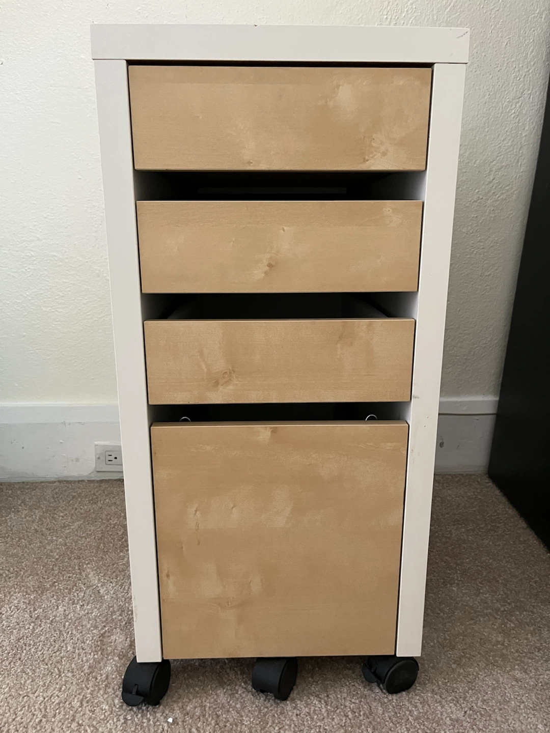 White and Wood Rolling Storage Cabinet