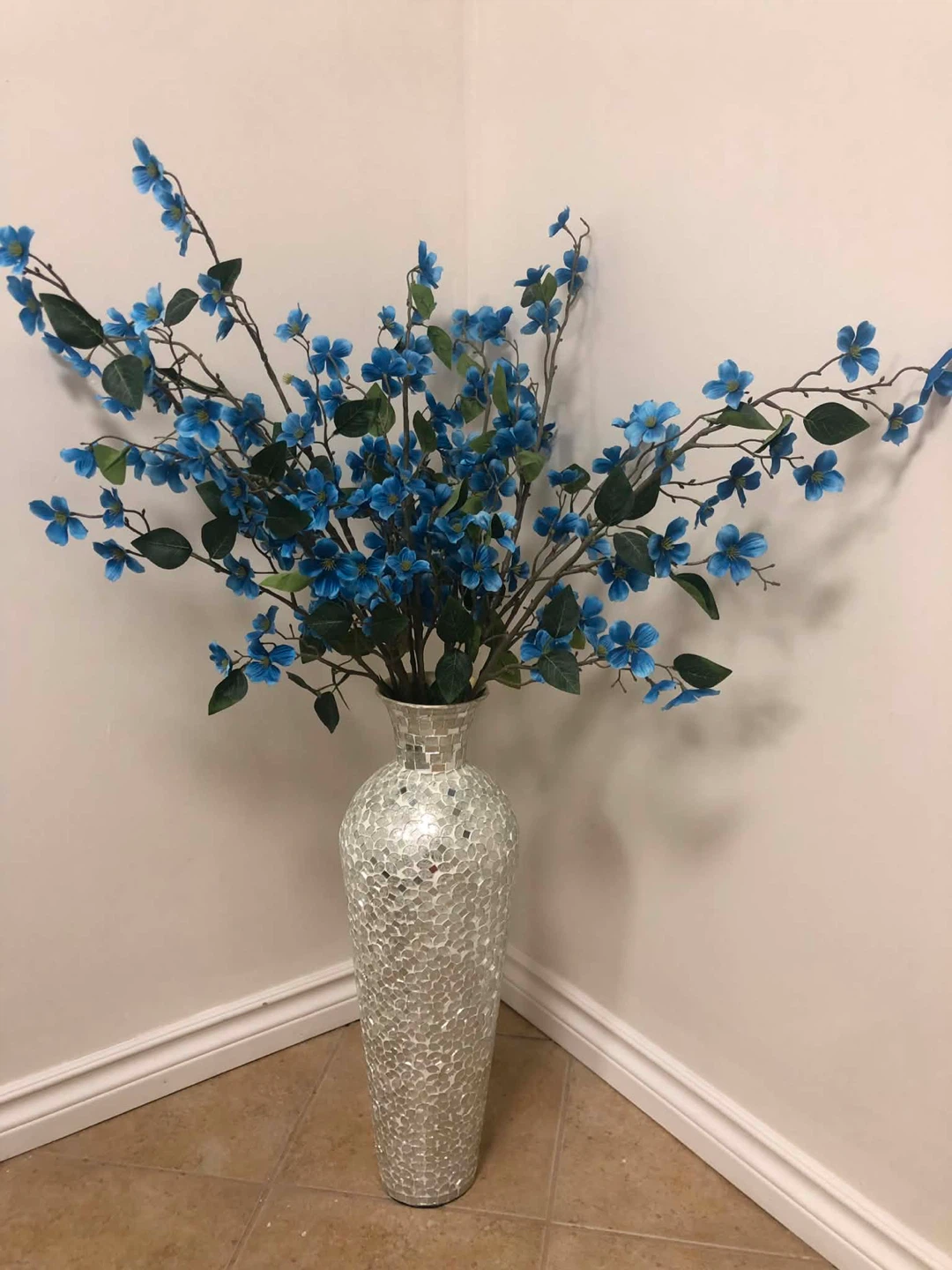 Decorative Blue Floral Arrangement in Mosaic Vase