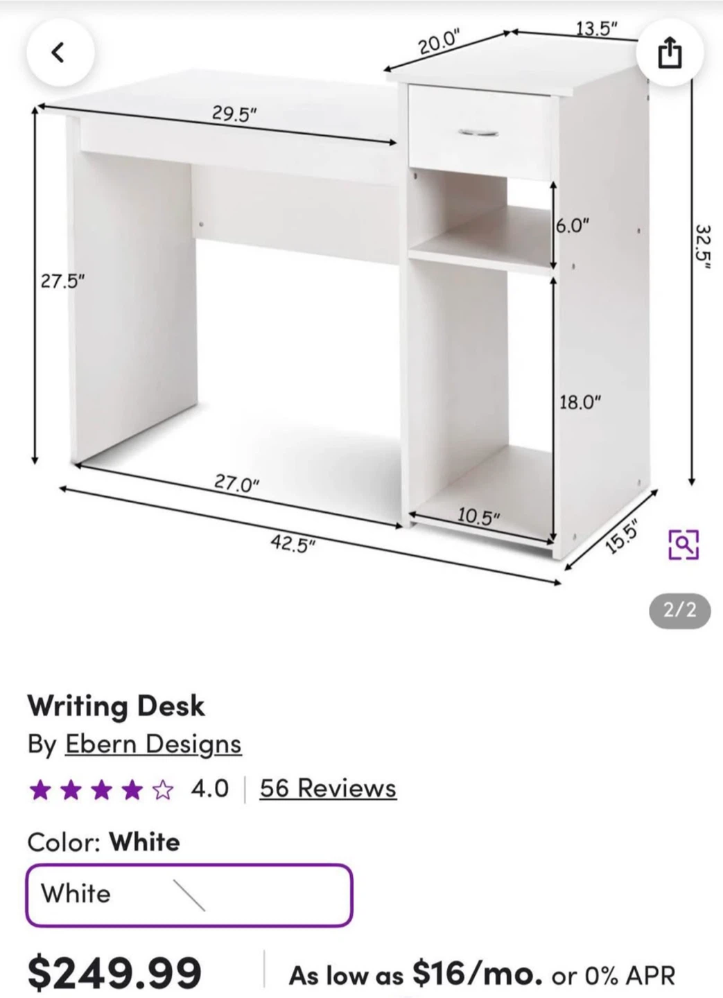 Ebern Designs White Writing Desk - photo 3