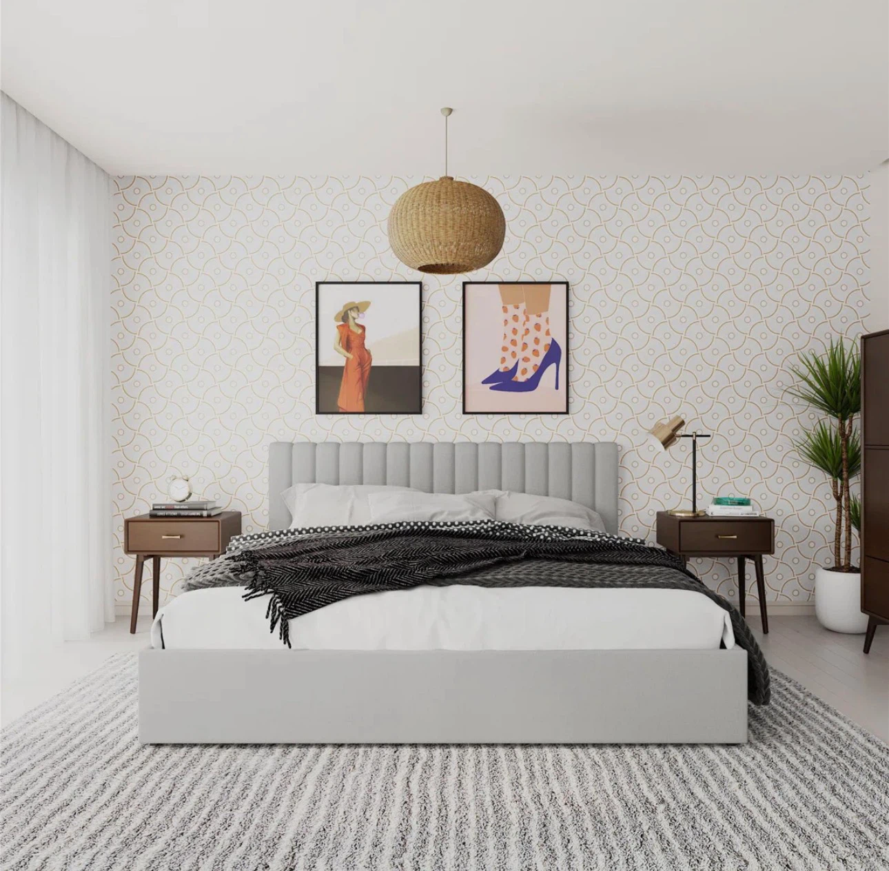 Beige King Bed Frame with Storage Drawers