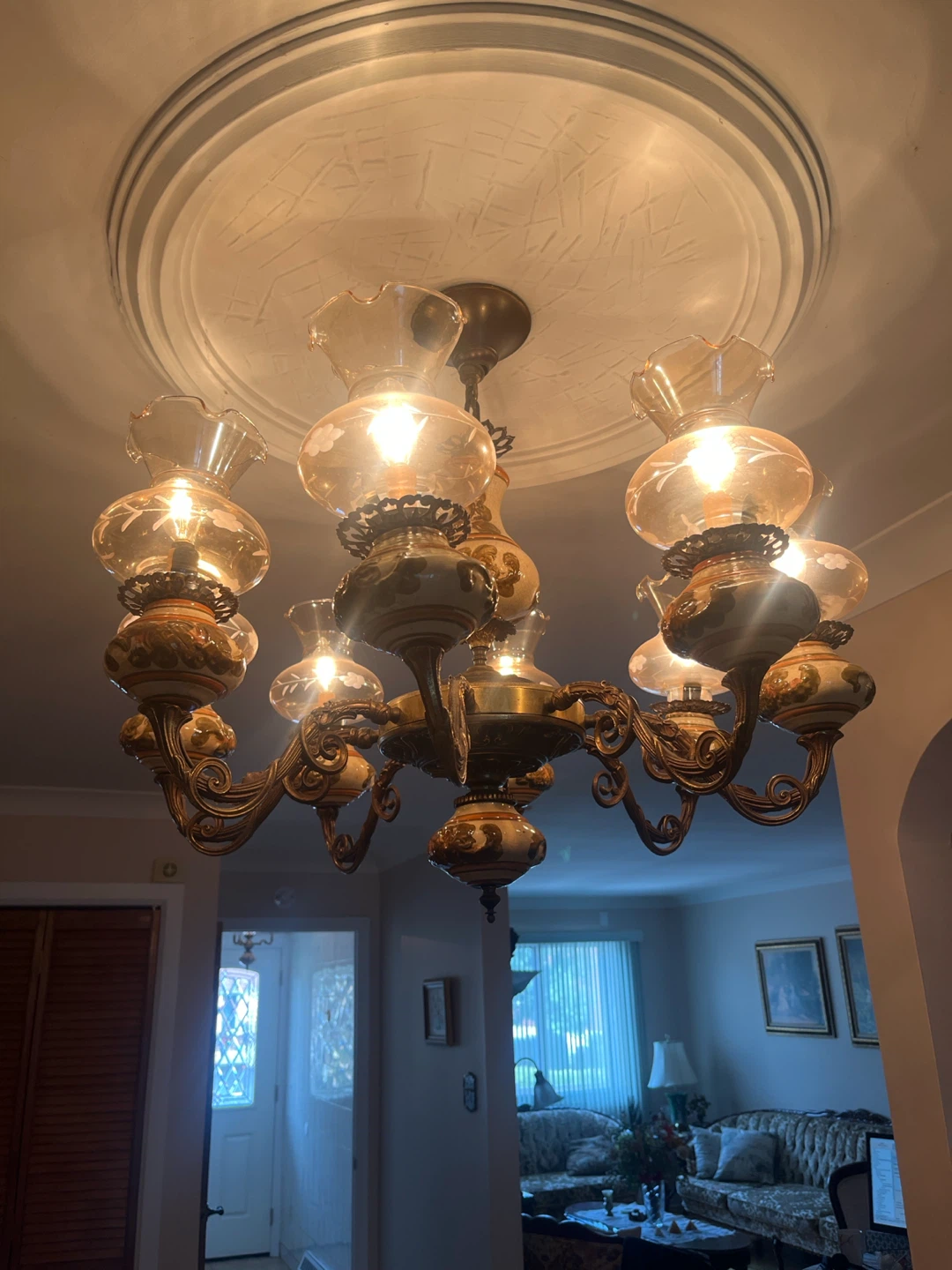 Vintage Chandelier with Amber Glass Shades