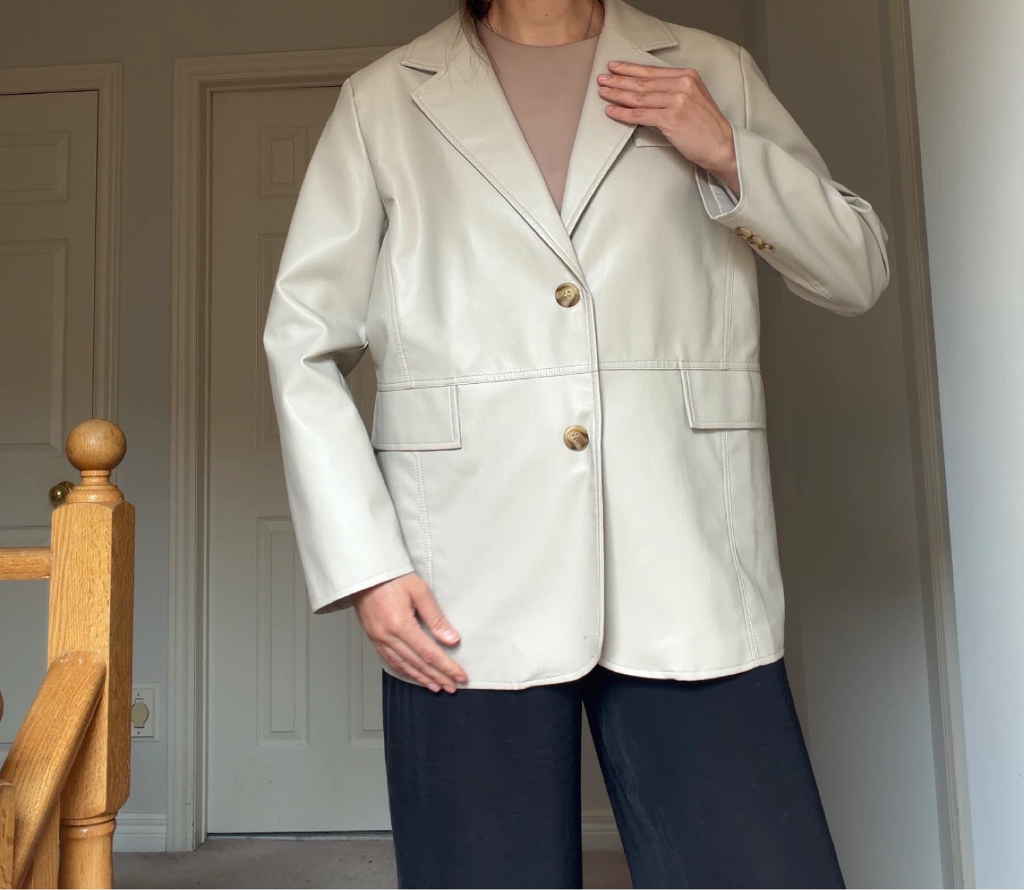 Cream Faux Leather Blazer