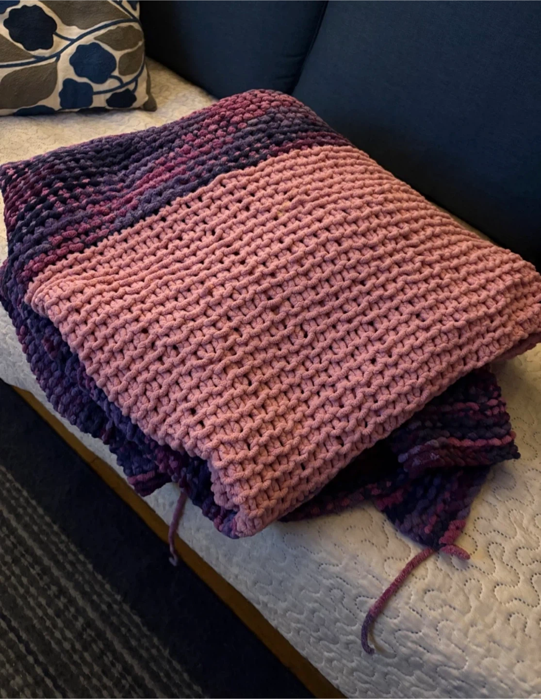 Handmade Chunky Knit Throw Blanket - Pink & Purple Ombre