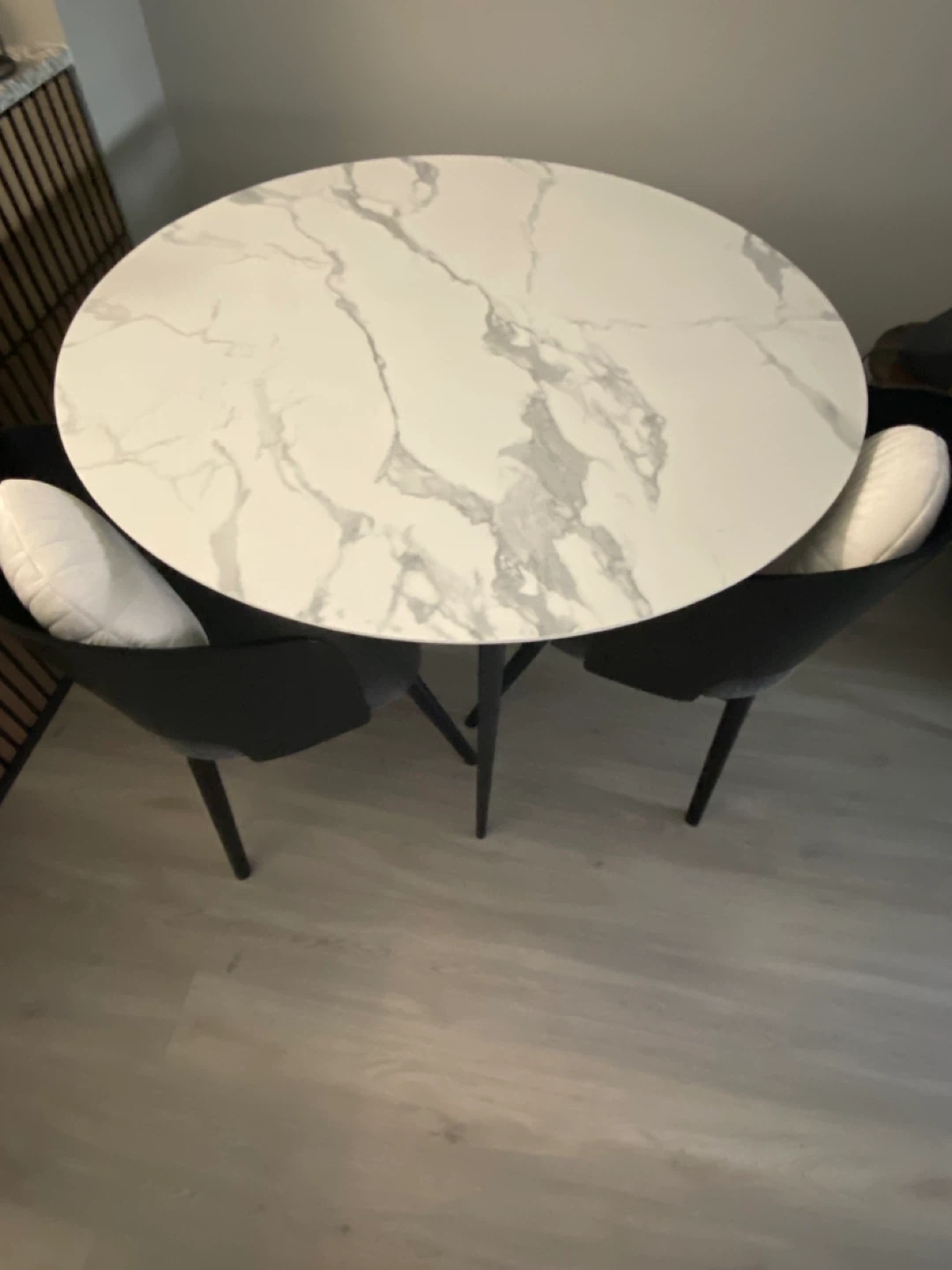 Black Dining Chairs and Marble Table Set