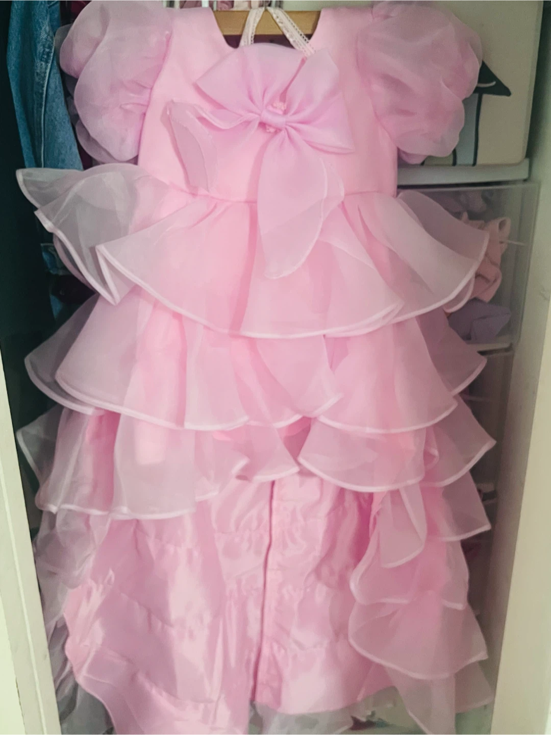 Pink Organza Tiered Dress with Bow