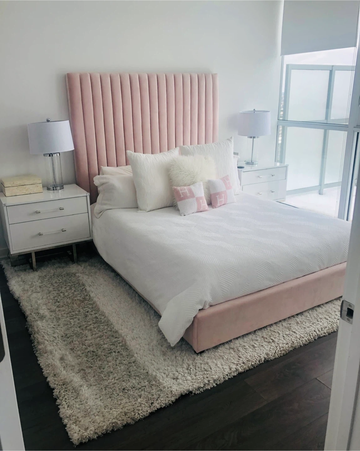 Pink Velvet Channel Tufted Bed Frame with Tall Headboard