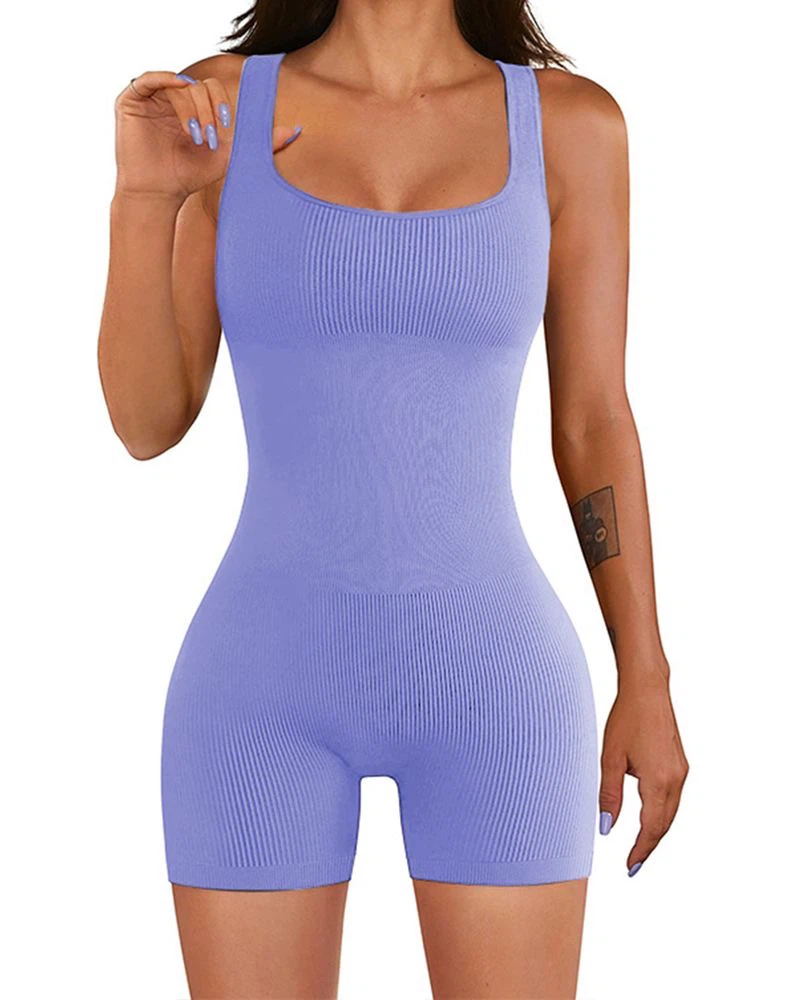 Purple Ribbed Workout Bodysuit