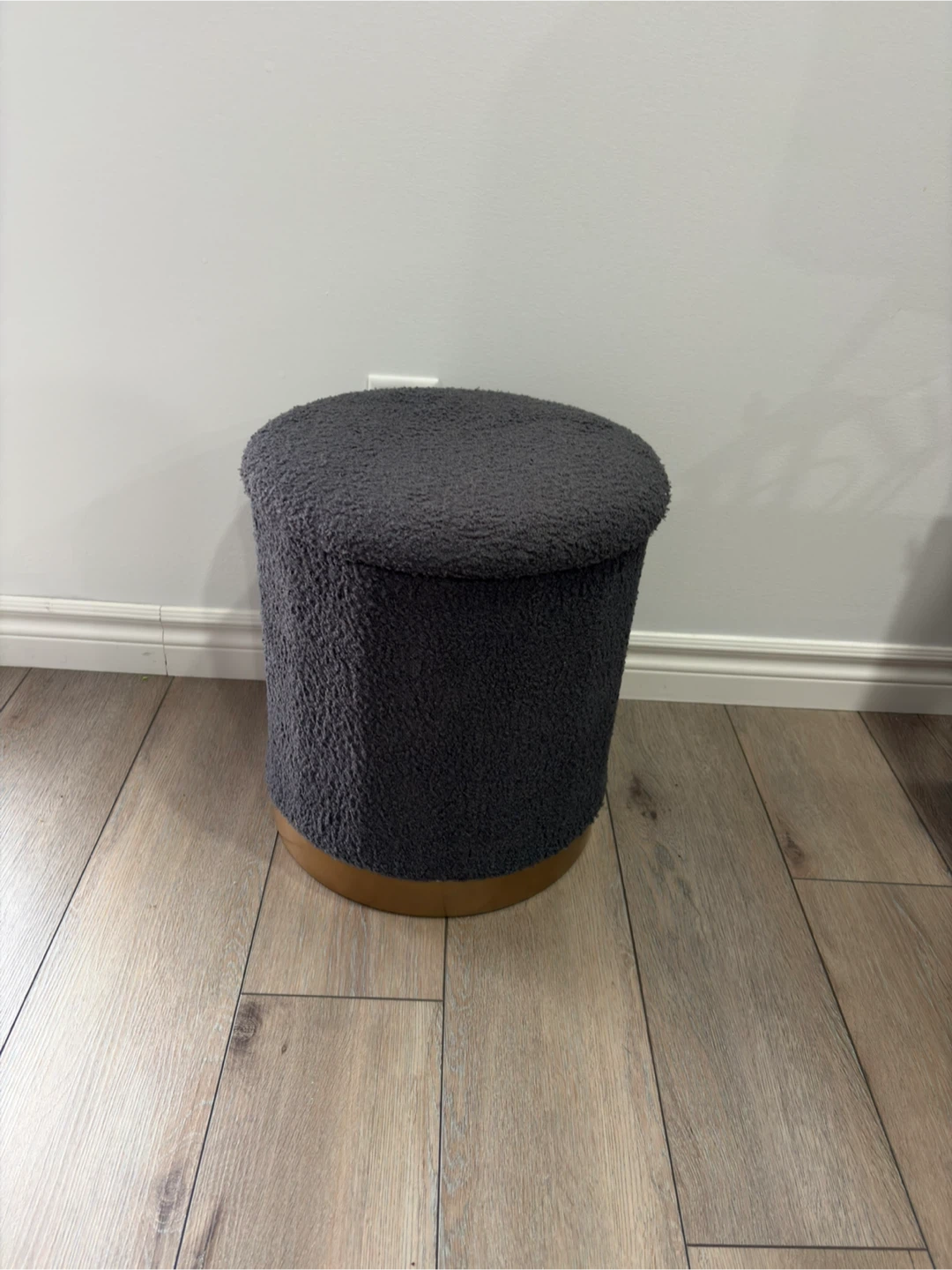 Grey Boucle Storage Ottoman/tray table with Gold Base