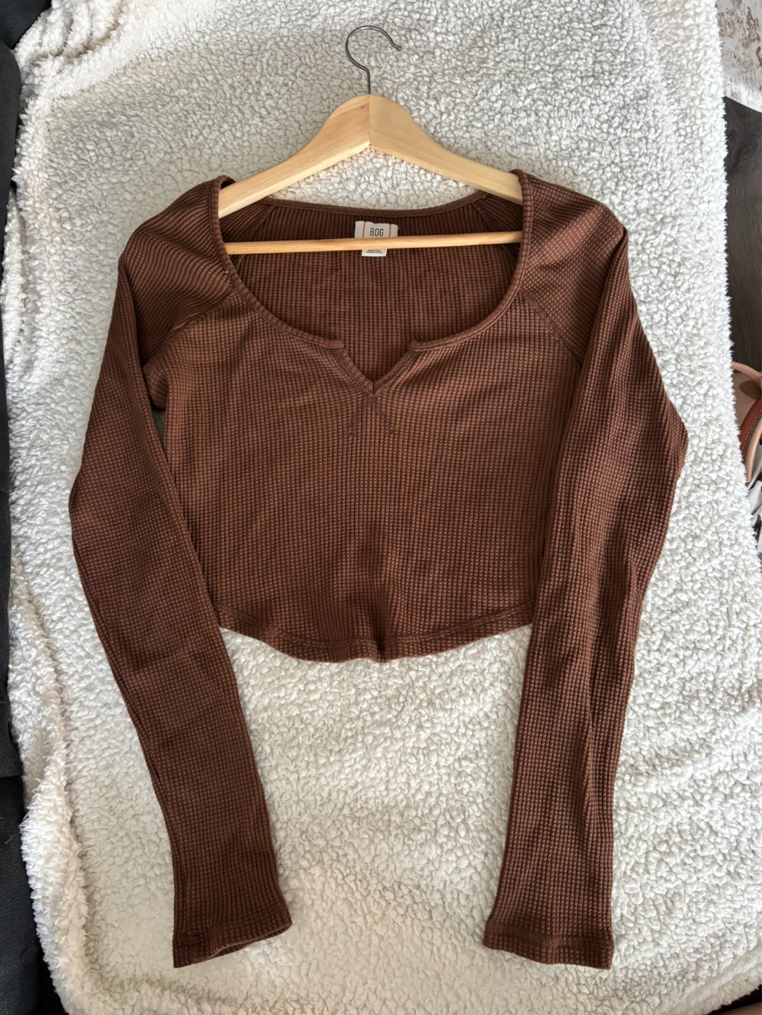 BDG Brown Waffle Knit Long Sleeve Crop Top