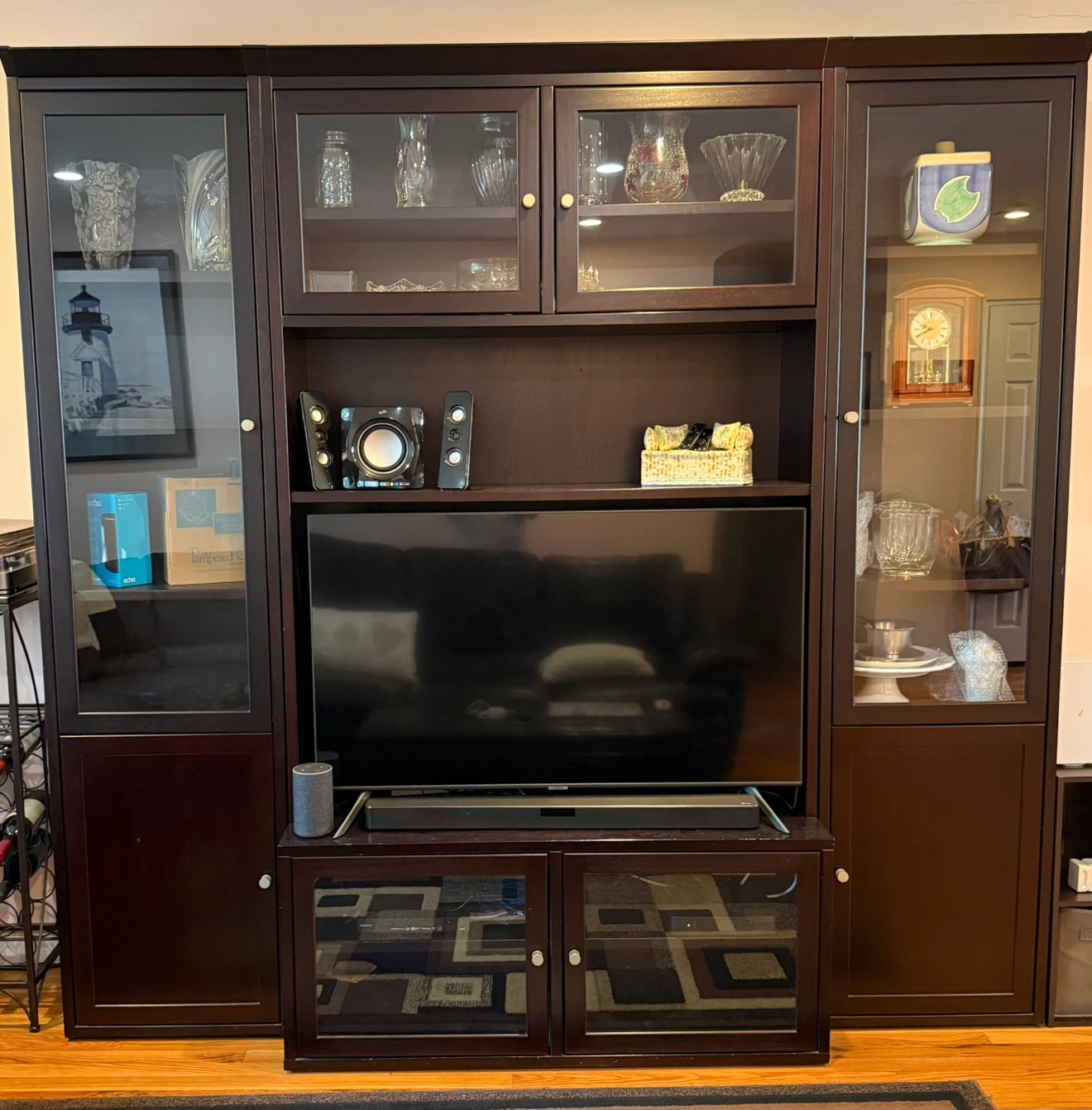 Dark Wood Entertainment Center with Glass Doors