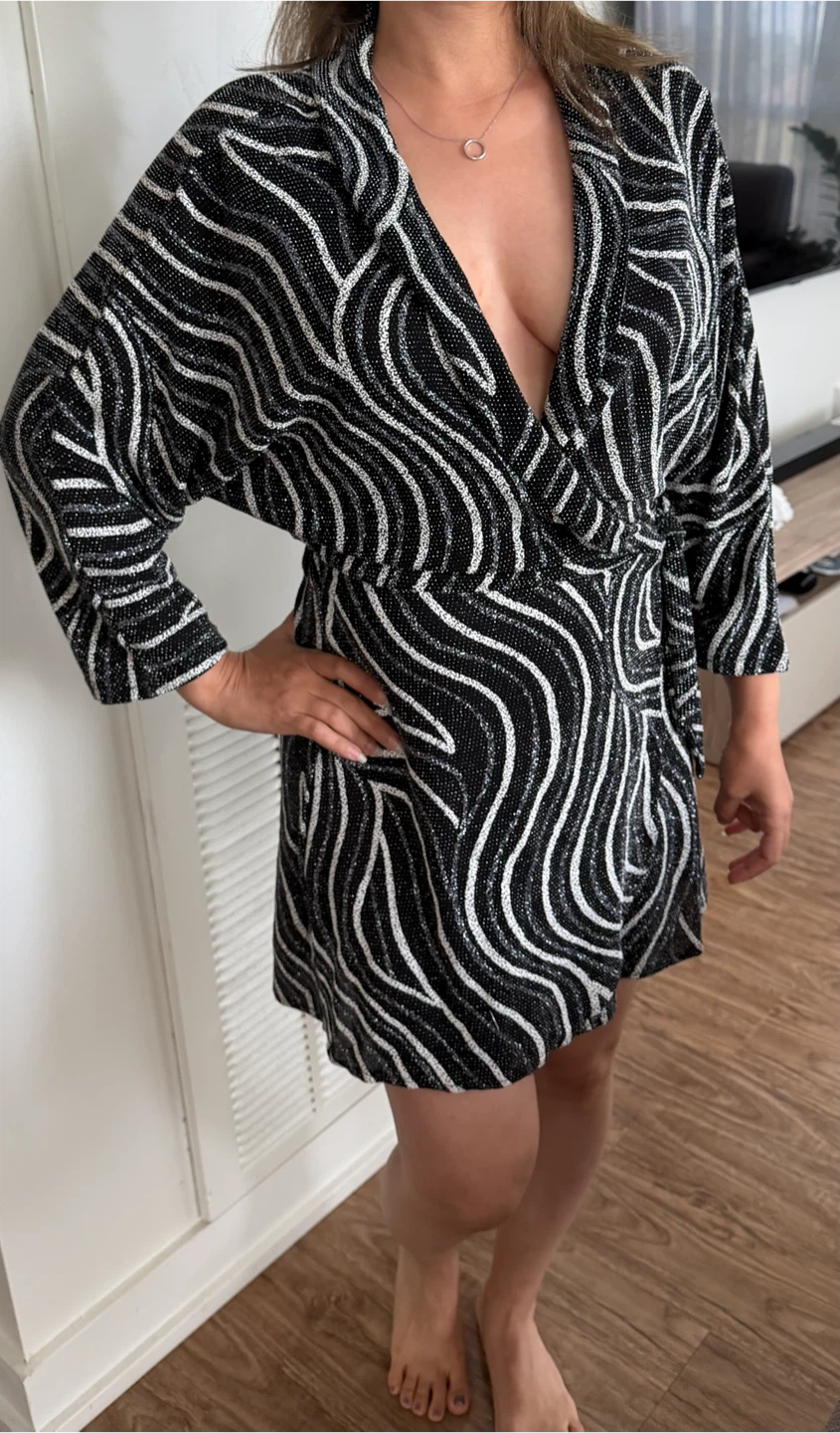Women's Black & Silver Sequin Wrap Dress