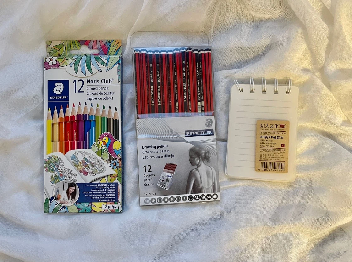 Coloured pencil, pencil and small line note book