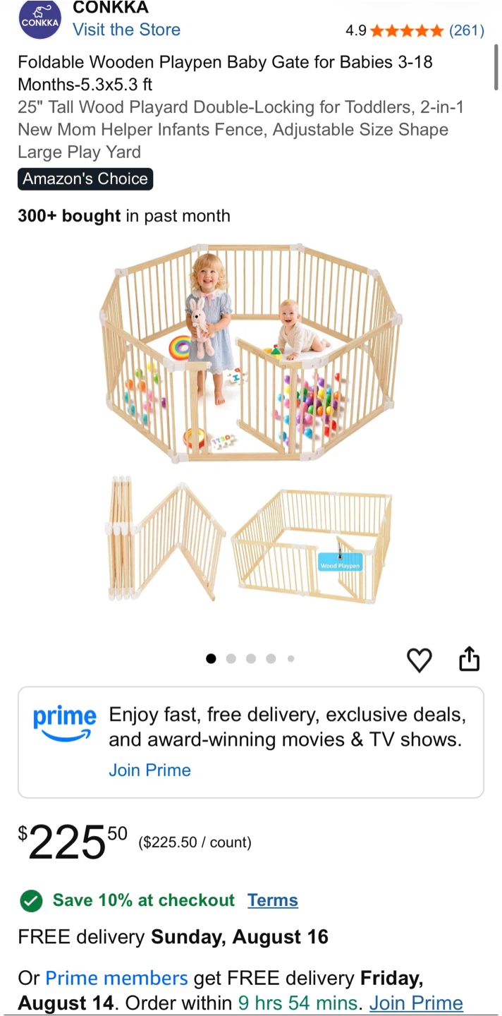 CONKKA Foldable Wooden Playpen Baby Gate