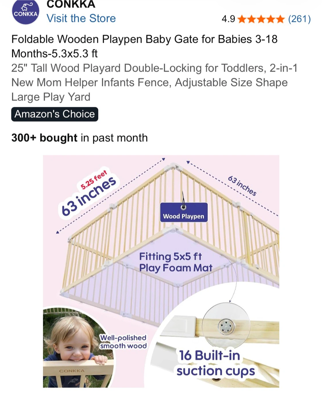 CONKKA Foldable Wooden Playpen Baby Gate - photo 2