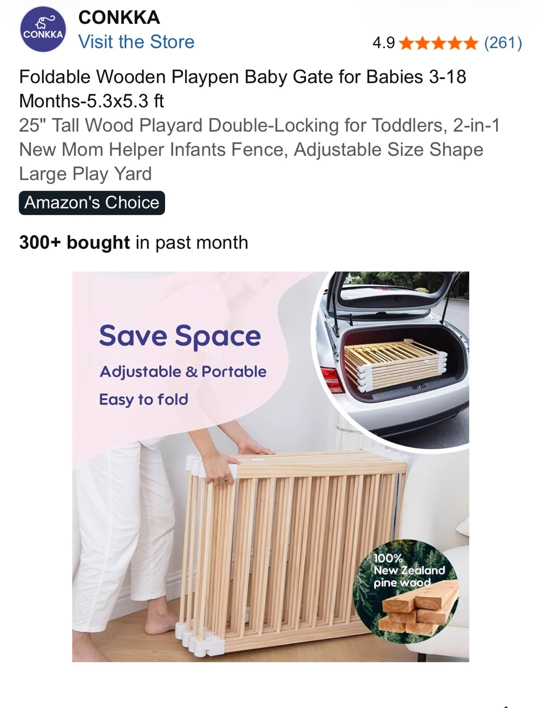 CONKKA Foldable Wooden Playpen Baby Gate - photo 4