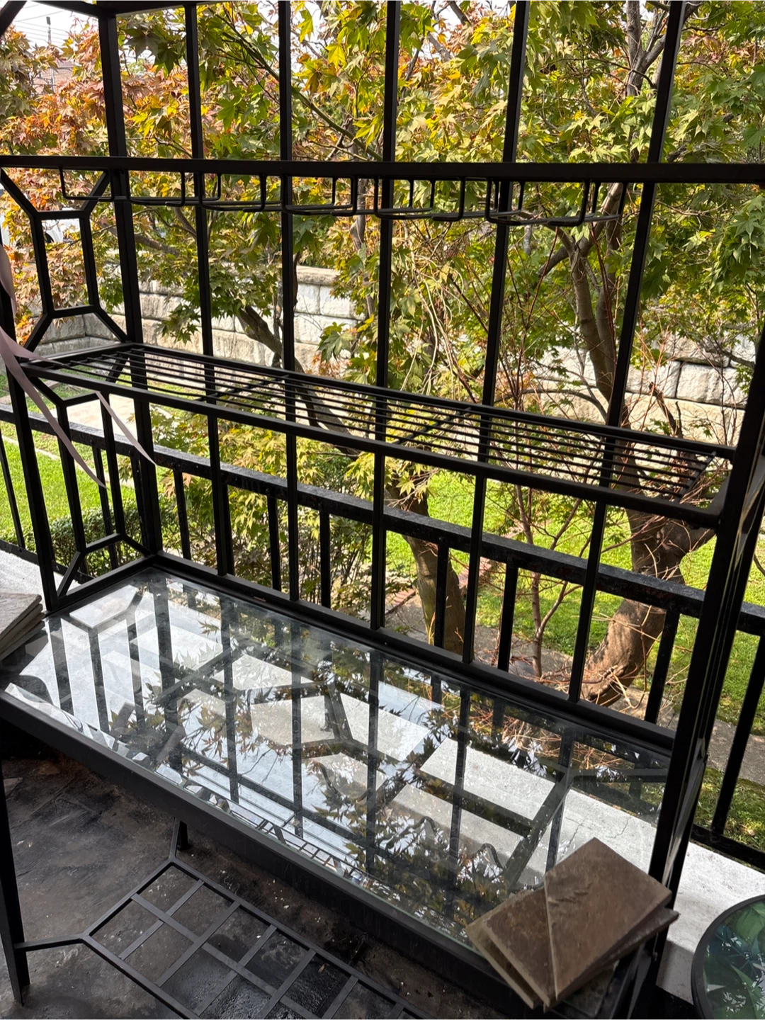 Wrought Iron Wine Bar Rack with Glass Shelves