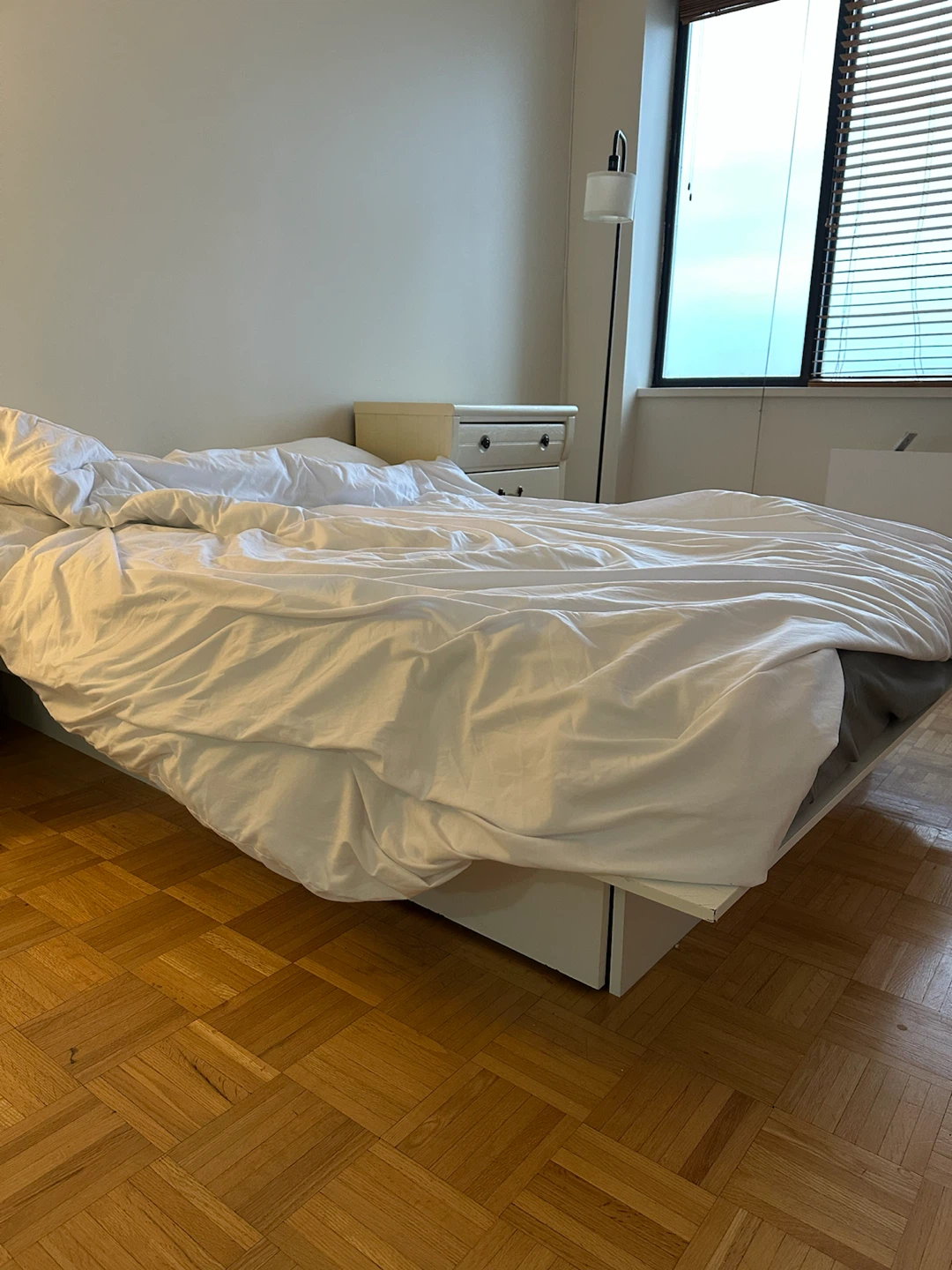 Free Queen Mattress and white bed frame with drawers
