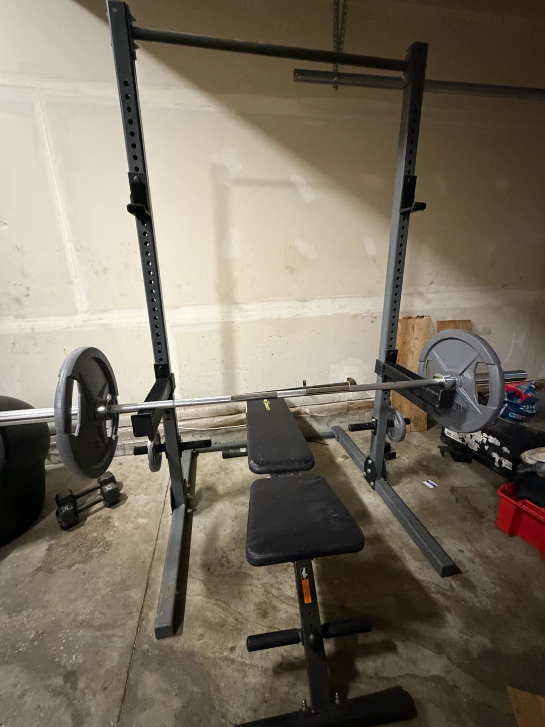 Weight Bench and Squat Rack with Barbell and Weights