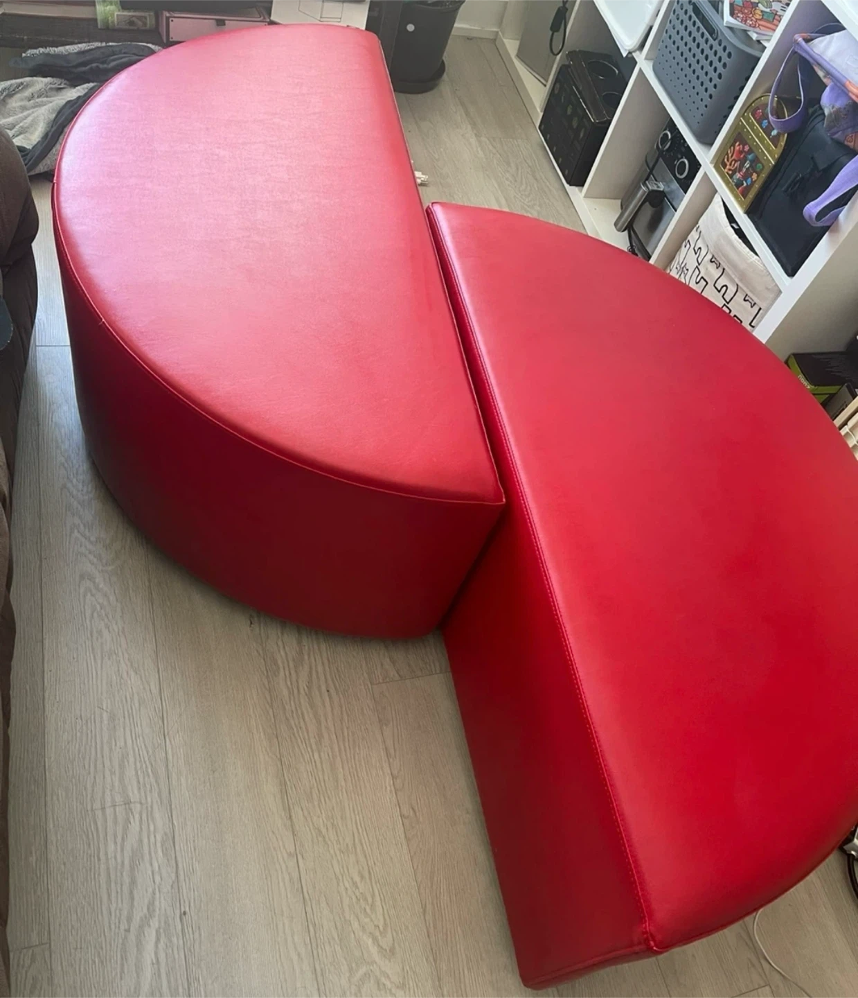 Set of 2 Red Faux Leather Half-Circle Ottomans - photo 2