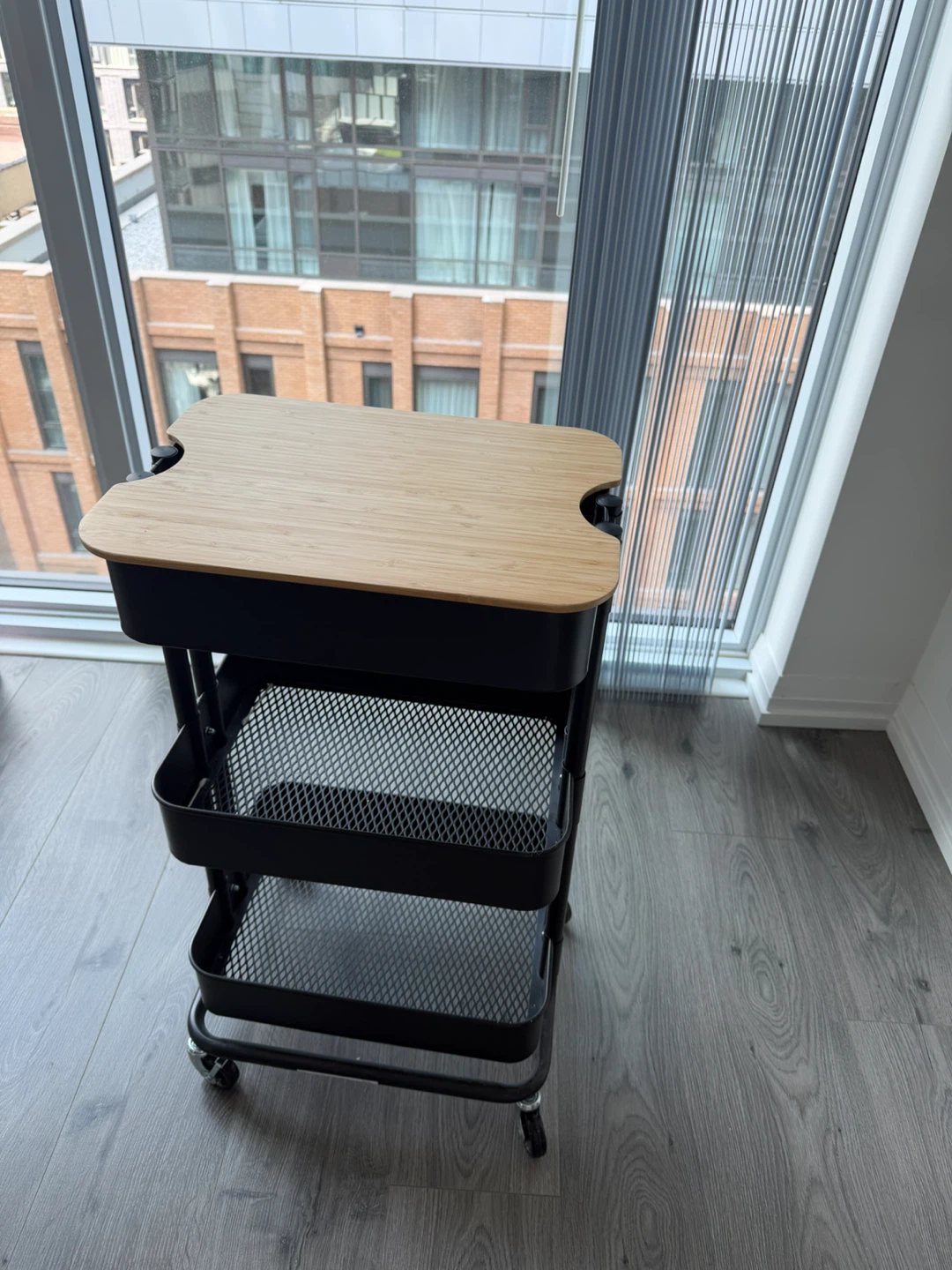 Black Rolling Storage Cart with Bamboo Top
