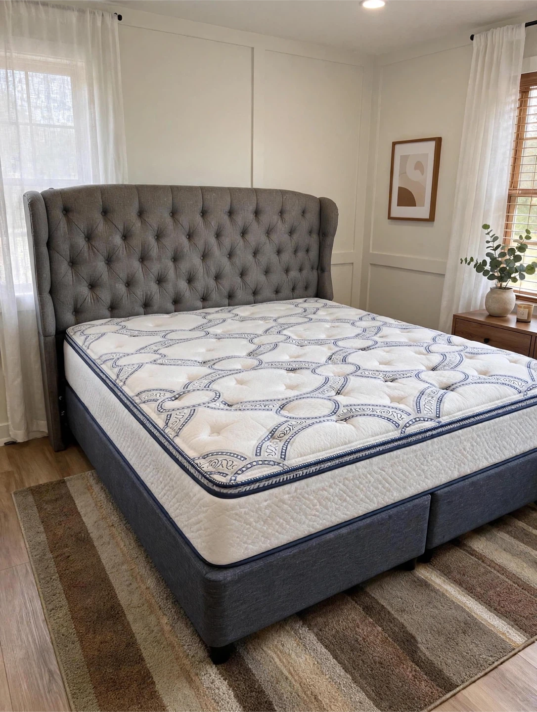 KING SIZE Bed Set - Grey Headboard, Box Spring, Frame & Mattress