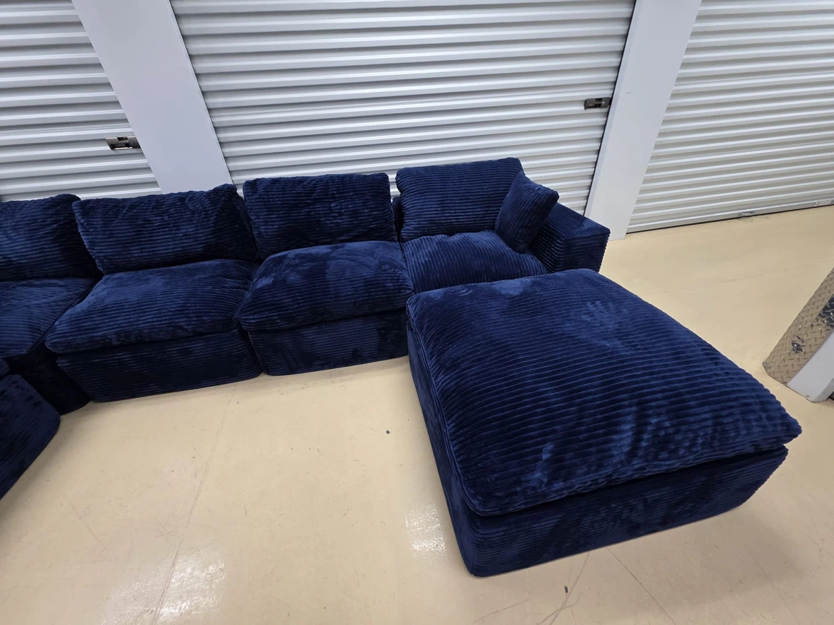 Navy Blue Corduroy Sectional Sofa with Ottomans - photo 2