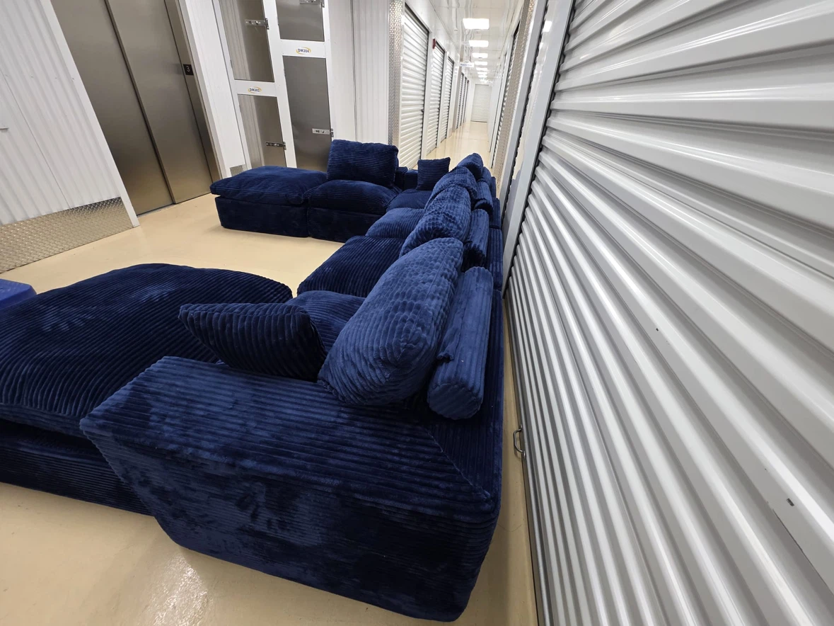 Navy Blue Corduroy Sectional Sofa with Ottomans - photo 3