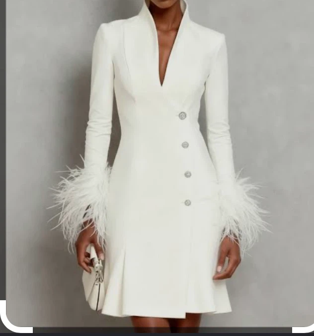 FeHaute White Feather Trim Blazer Dress