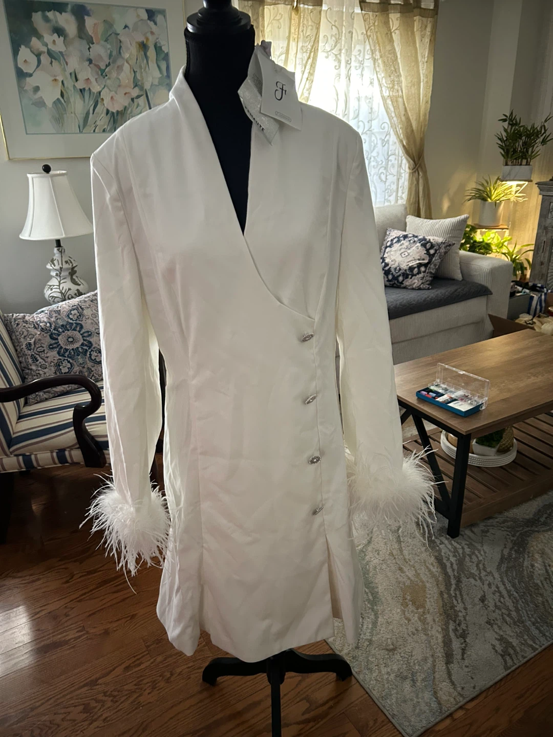 FeHaute White Feather Trim Blazer Dress - photo 4