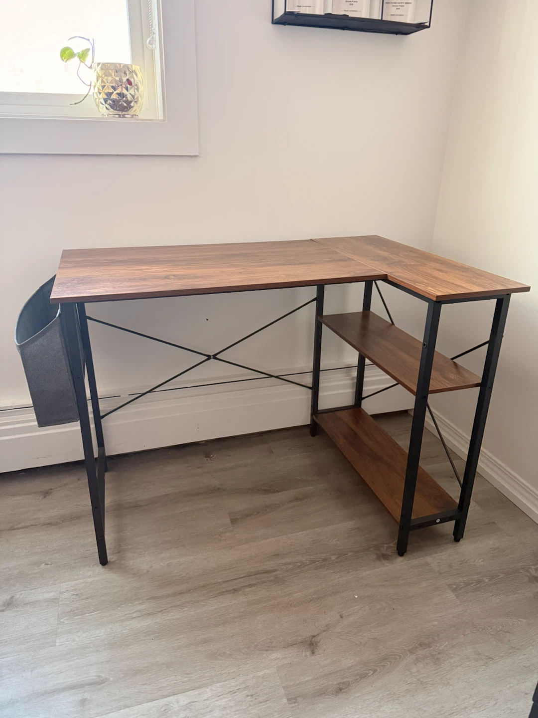 L-Shaped Wood Grain Desk with Shelves