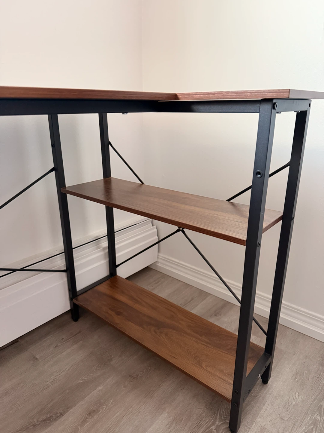 L-Shaped Wood Grain Desk with Shelves - photo 2