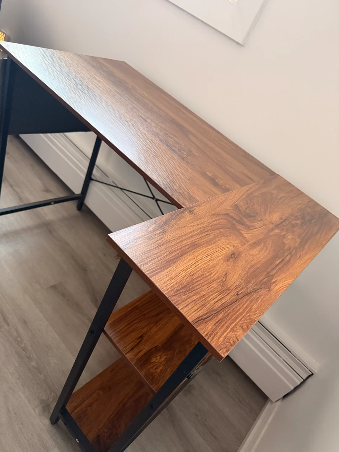 L-Shaped Wood Grain Desk with Shelves - photo 3