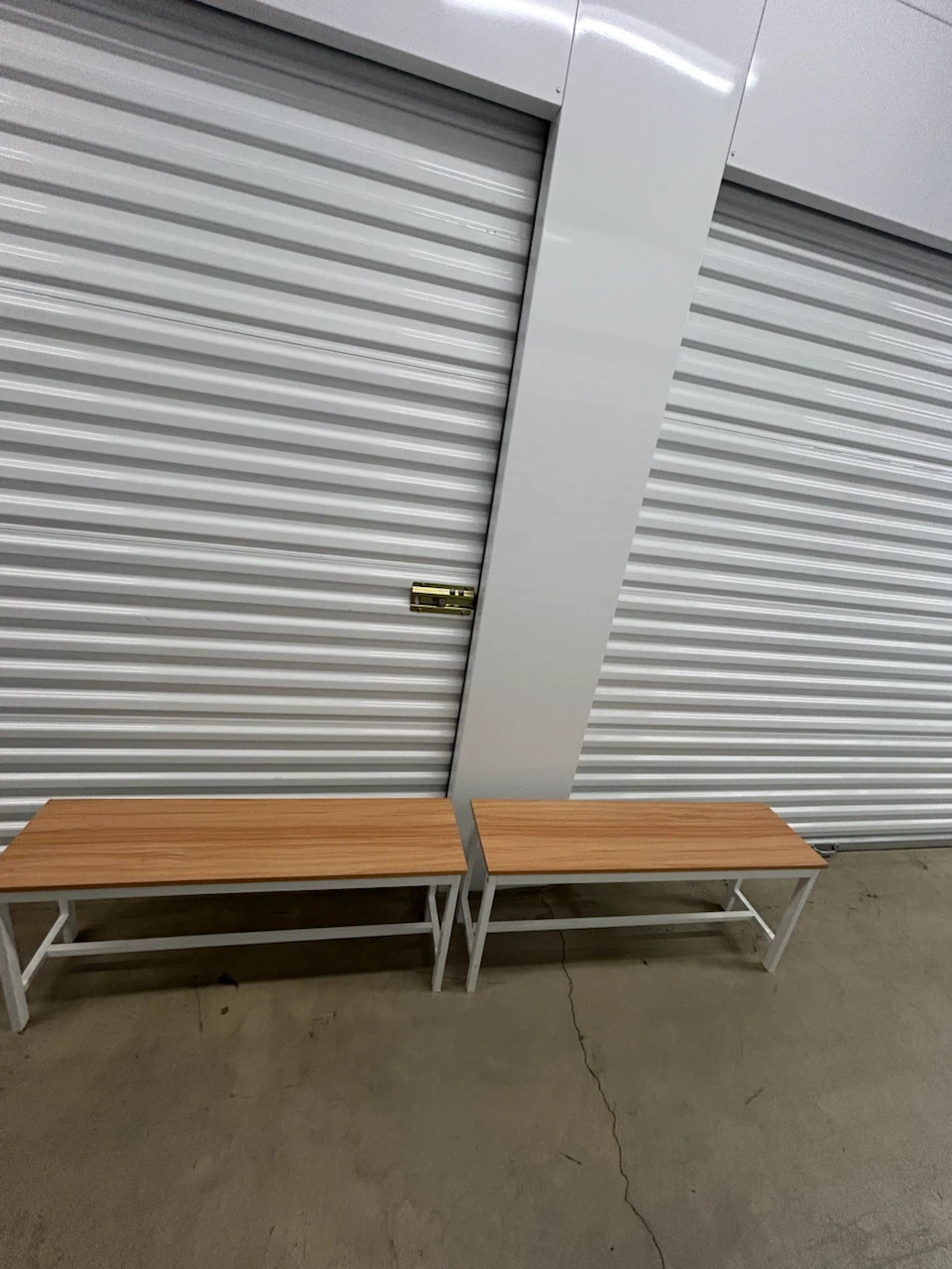 Two Wooden Top Bench with White Metal Frame
