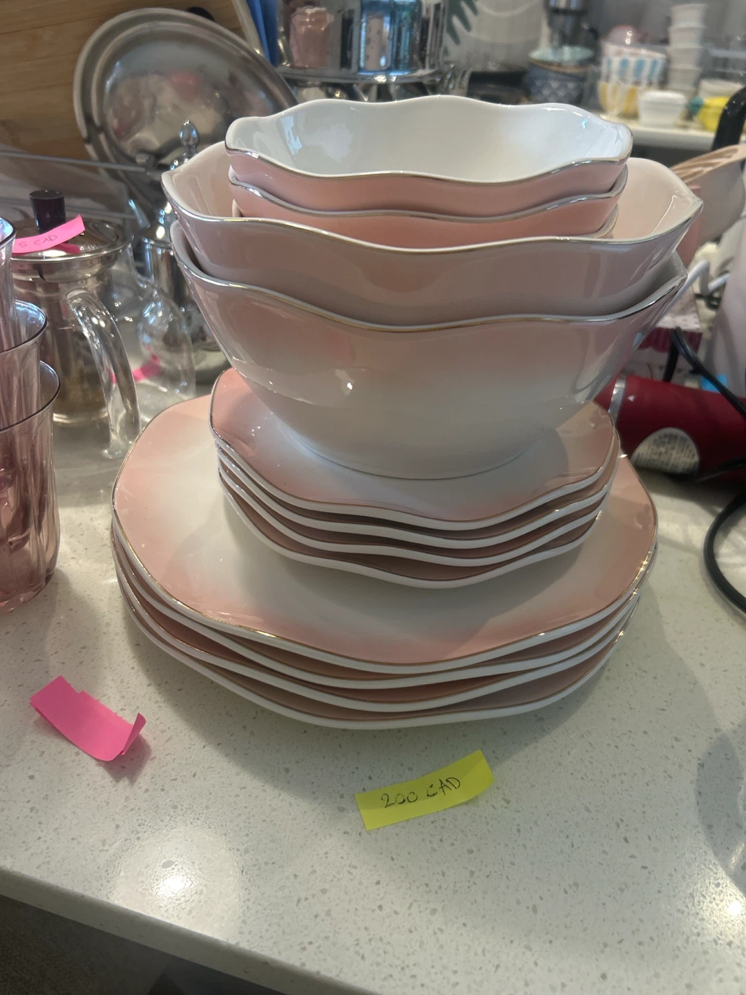 Pink and White Dinnerware Set with Gold Trim