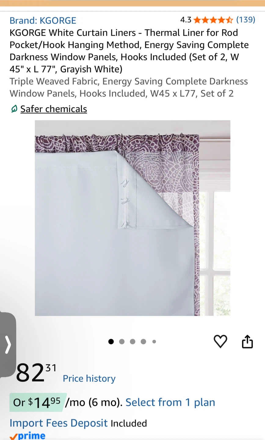 KGORGE Grey Curtain Liners Blackout - Set of 2