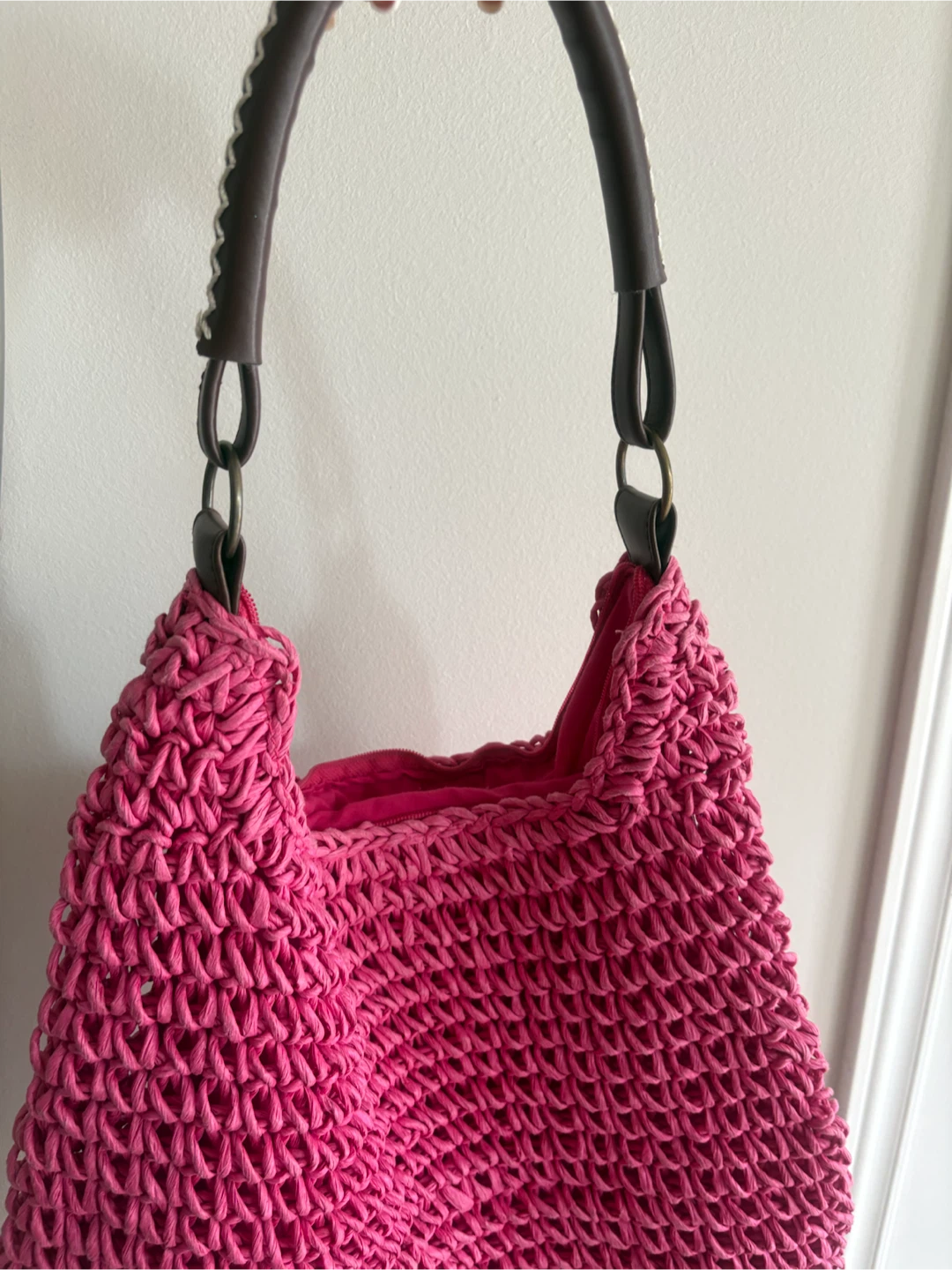 Pink Crochet Hobo Bag with Faux Leather Handles
