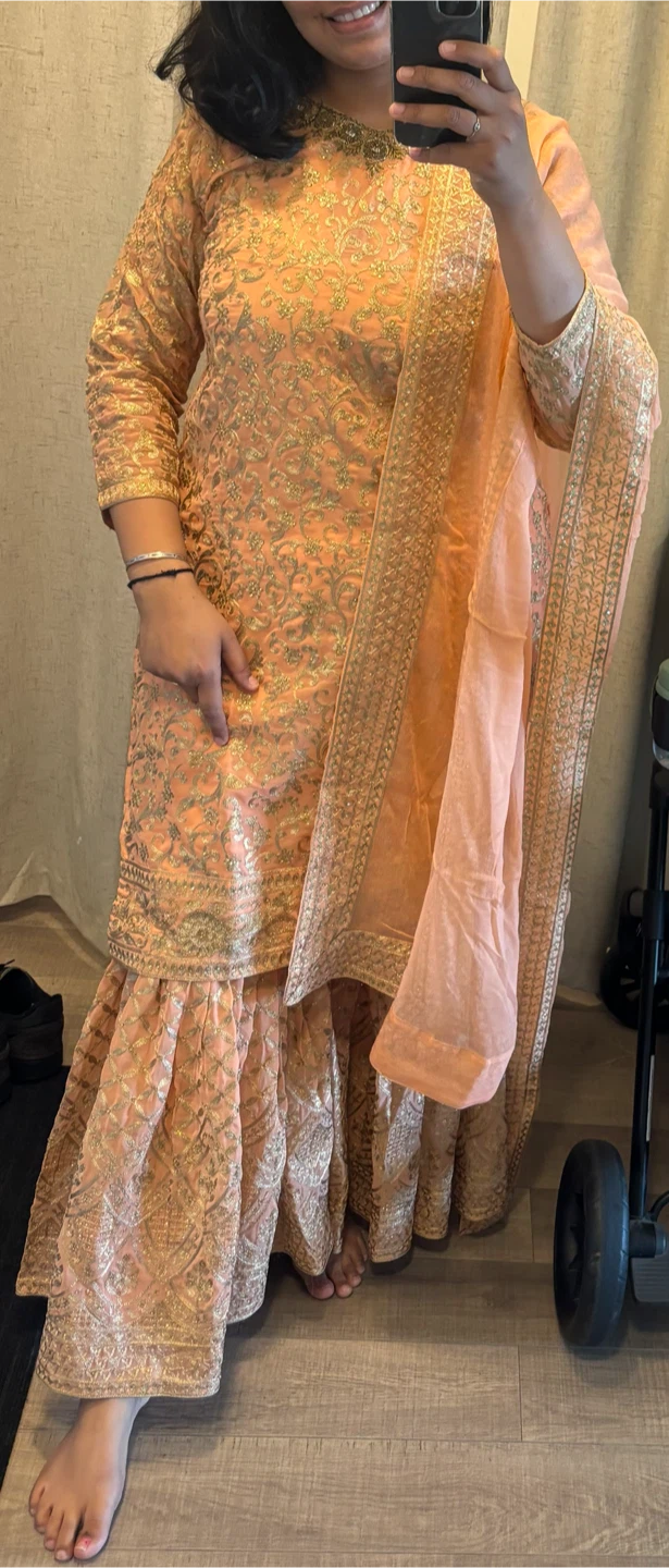 Peach Embroidered Sharara Suit with Dupatta - photo 2