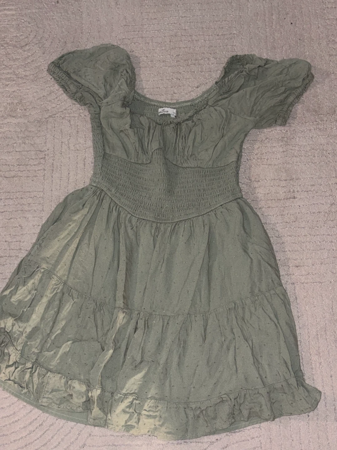 Hollister Green Smocked Puff Sleeve Dress