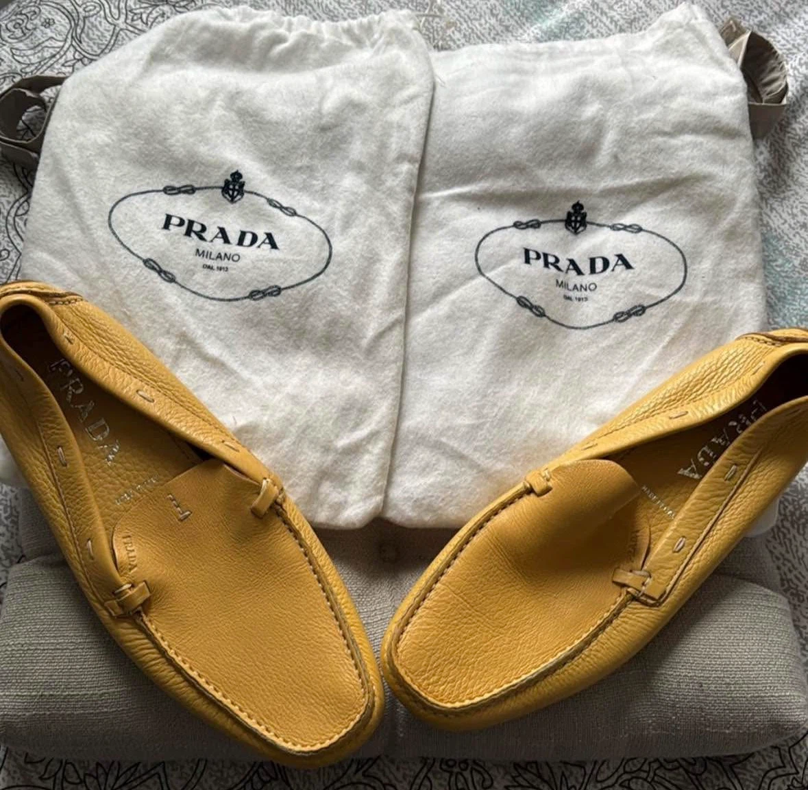 Prada Yellow Leather Driving Loafers with Dust Bags